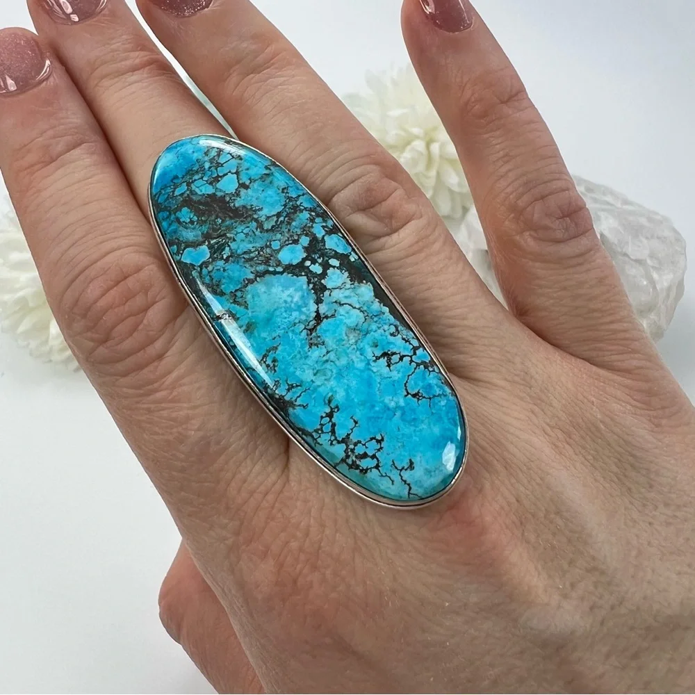 *SOLD* Long Chunky Turquoise Ring Size 11 New Sterling Silver 925 - Picture 2 of 10